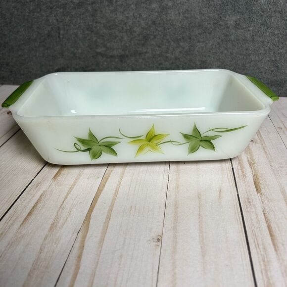 VTG Anchor Hocking Fire King Green Flower Bread Loaf Pan Baking Dish 1 Qt USA - Picture 2 of 6